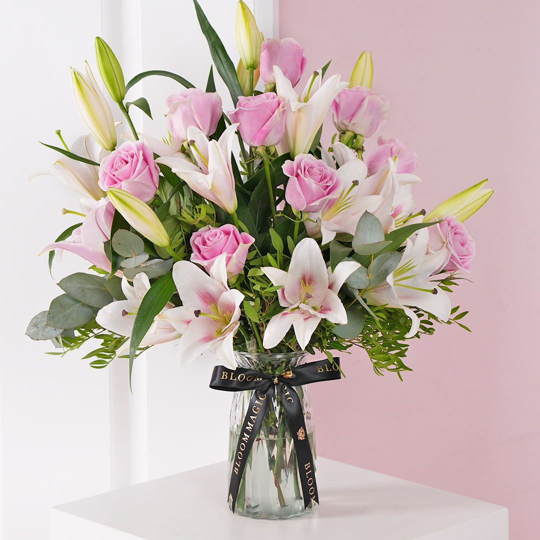 
              Sympathy Pink Roses and Pink Lilies
